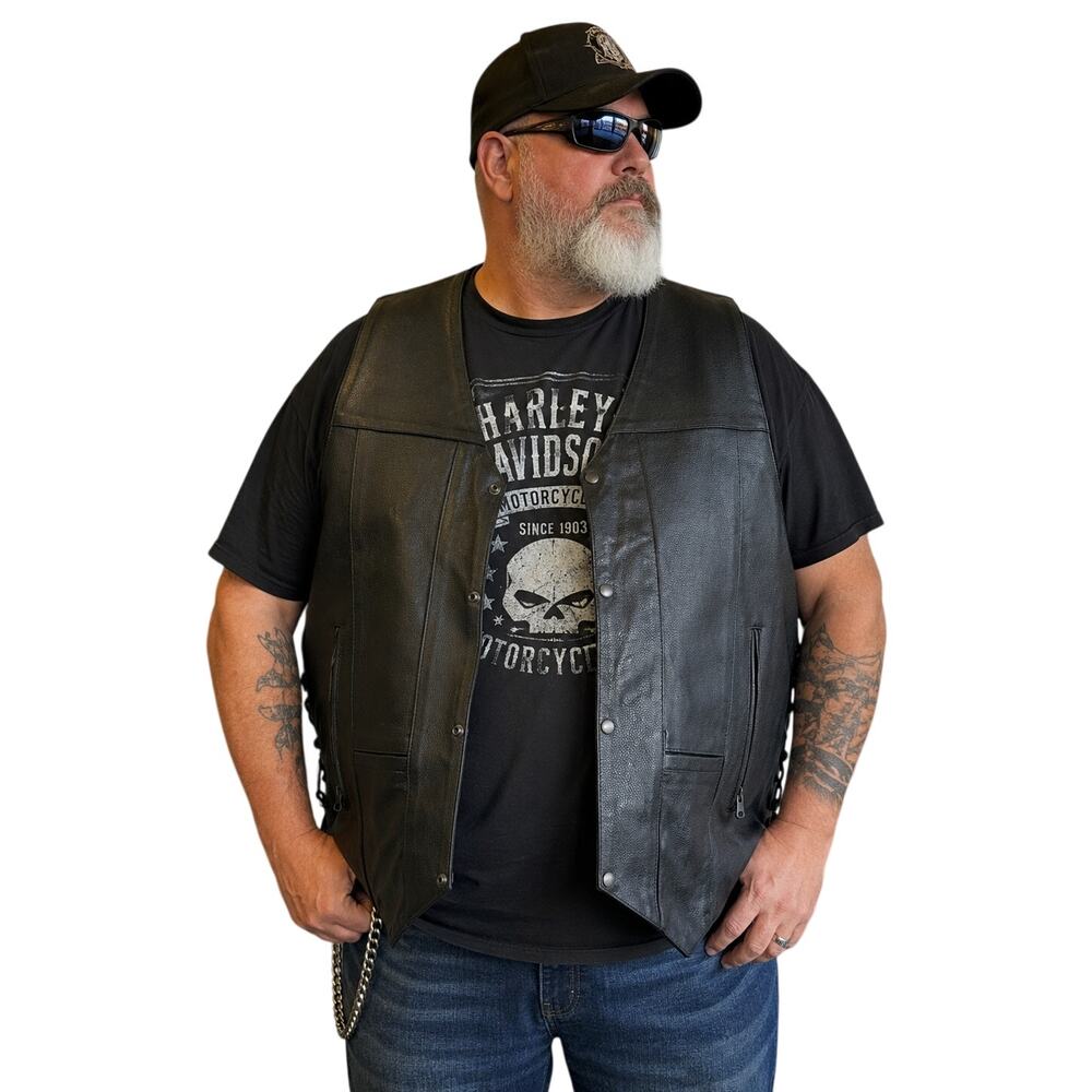Hot Leathers Black Genuine Leather Lace-Up Motorcycle Vest 3XL